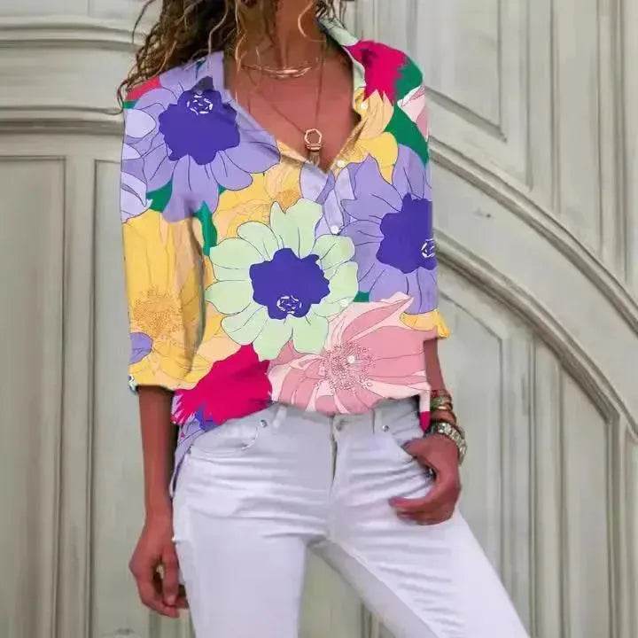 European And American Digital Printed Flowers Lapel Single Breasted Long-sleeved Shirt - Velora