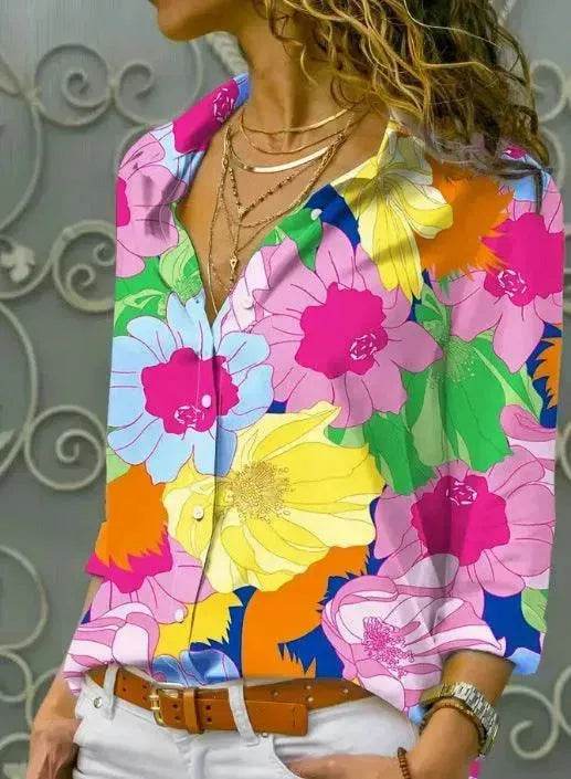 European And American Digital Printed Flowers Lapel Single Breasted Long-sleeved Shirt - Velora