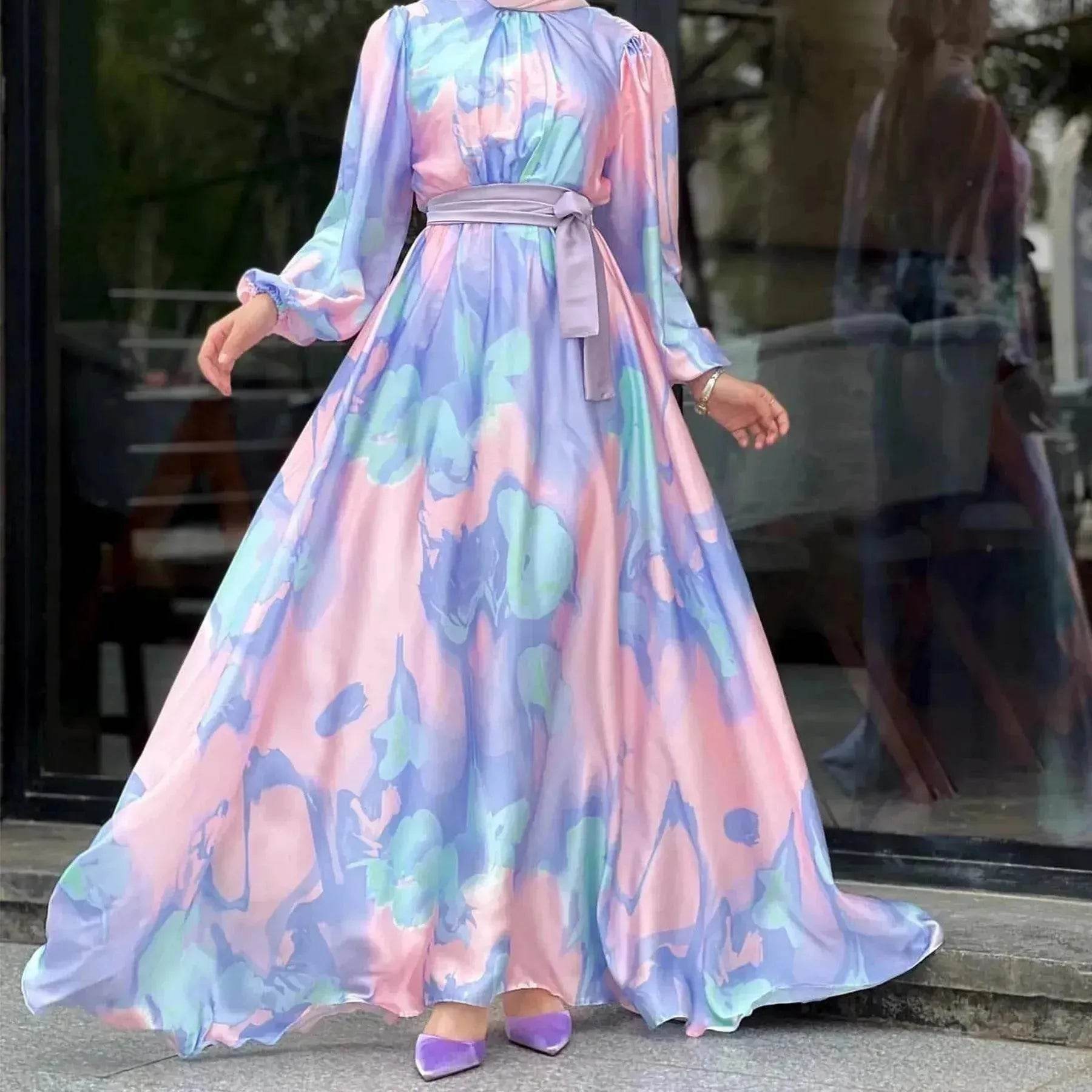 European And American Dubai Middle East Pure Beautiful Printed Dress, Ankle-length Printed Maxi Dress Fashionable Abaya Dress - Velora