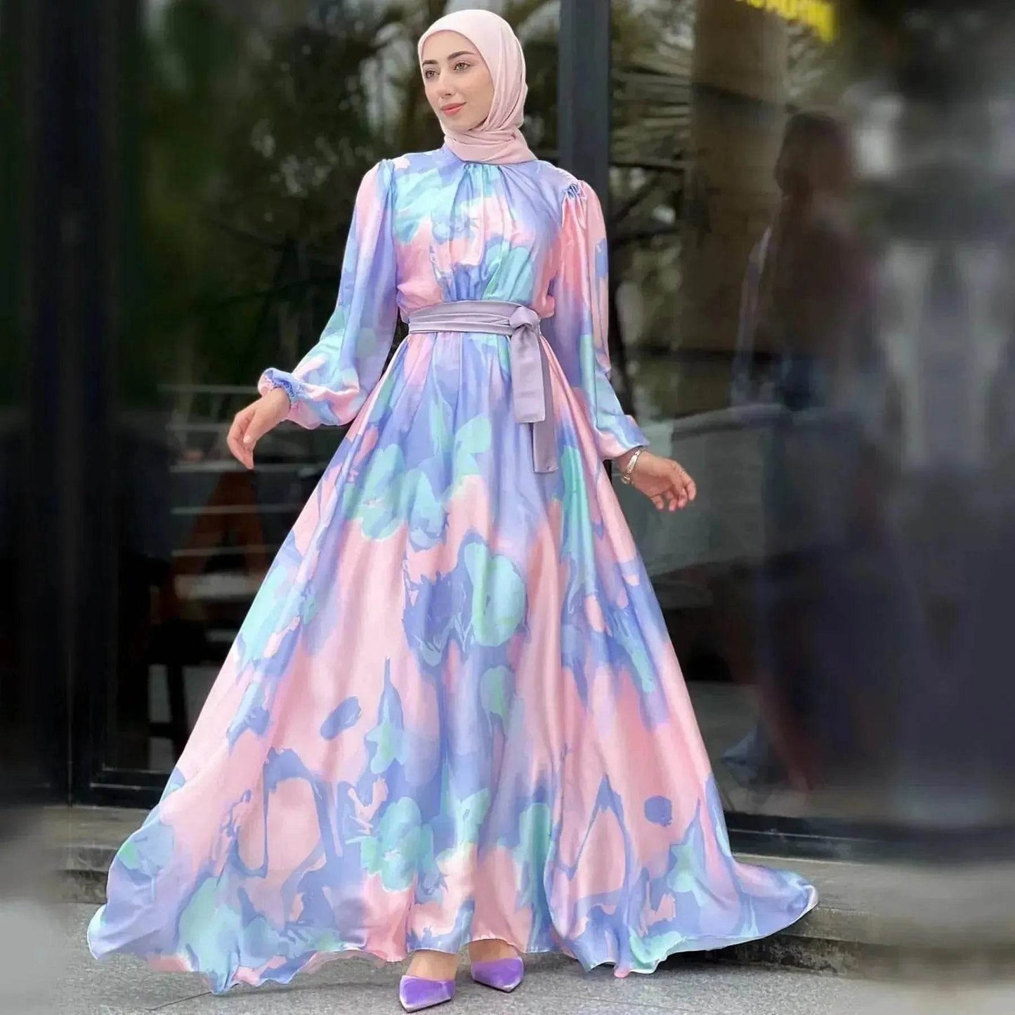 European And American Dubai Middle East Pure Beautiful Printed Dress, Ankle-length Printed Maxi Dress Fashionable Abaya Dress - Velora