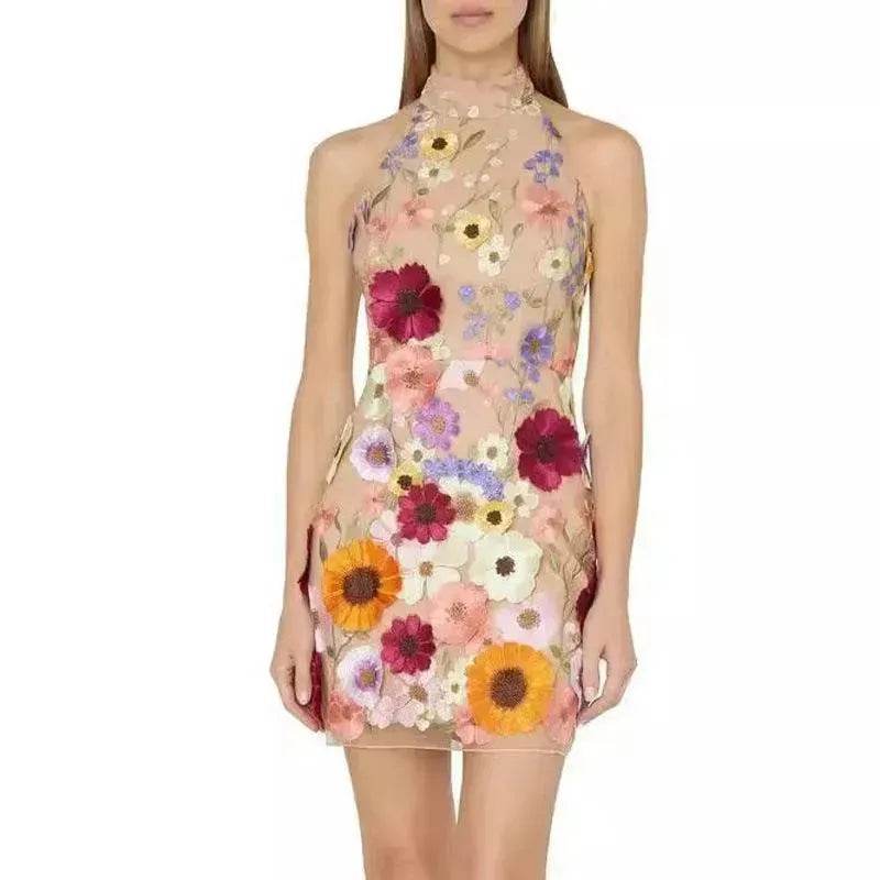 European And American Embroidery Three-dimensional Flower Halter Slim Fit Dress - Velora