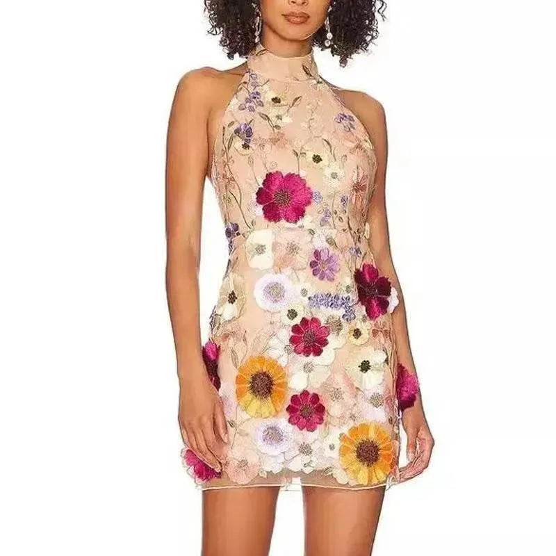 European And American Embroidery Three-dimensional Flower Halter Slim Fit Dress - Velora