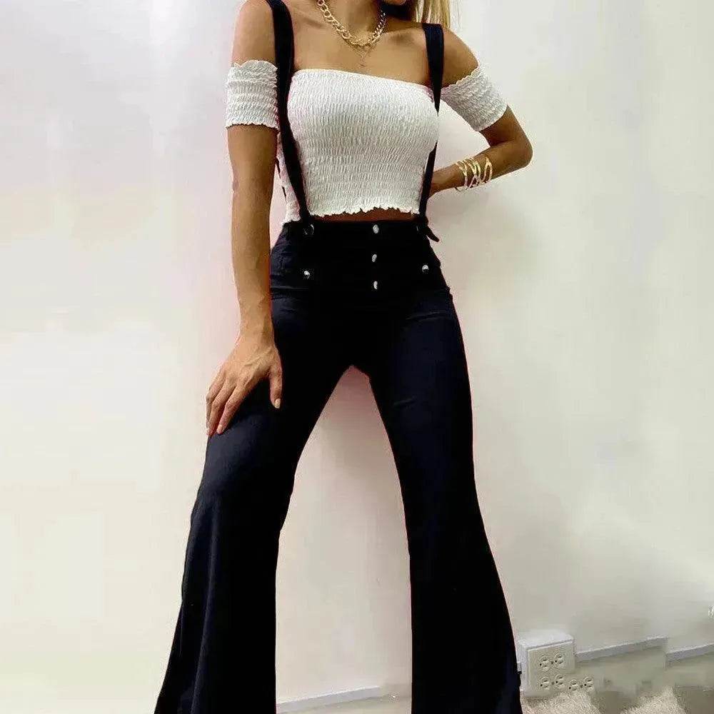 European And American High Waist Strap Casual Flared Jeans Pants - Velora