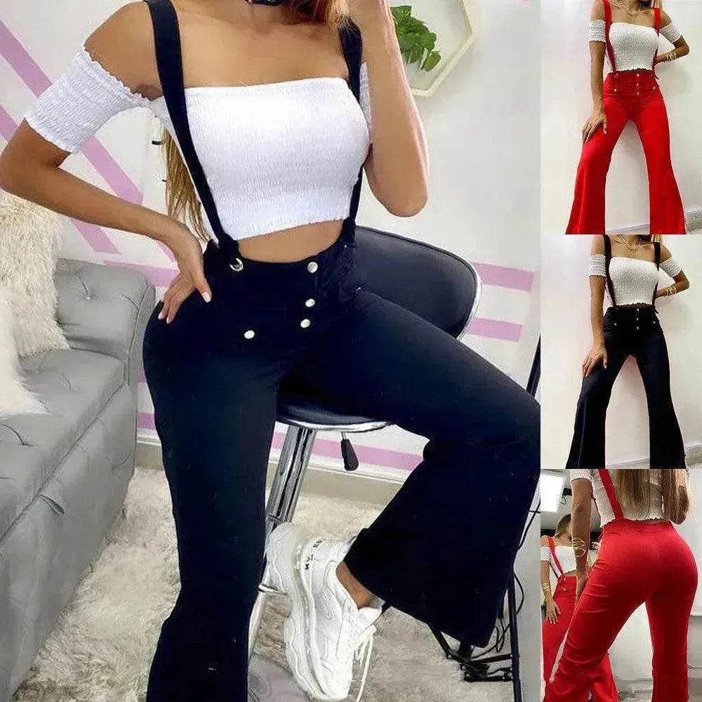 European And American High Waist Strap Casual Flared Jeans Pants - Velora