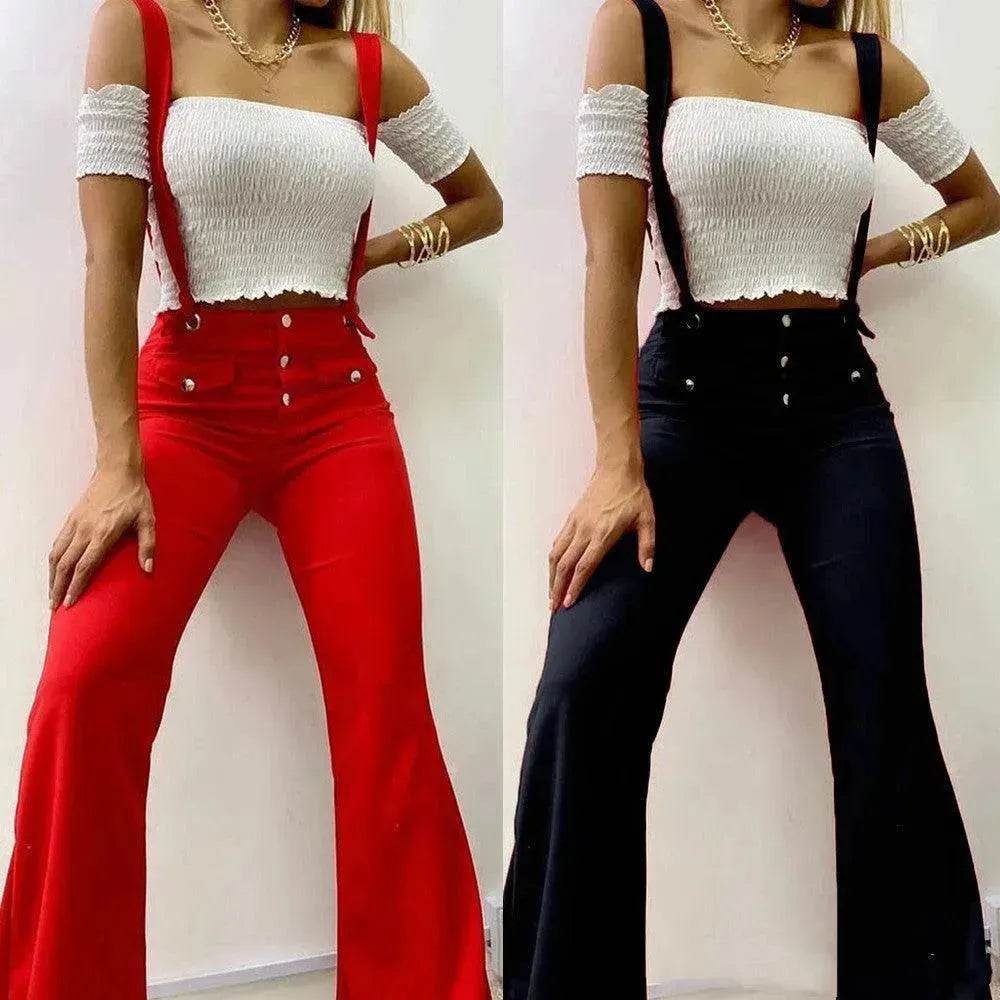 European And American High Waist Strap Casual Flared Jeans Pants - Velora