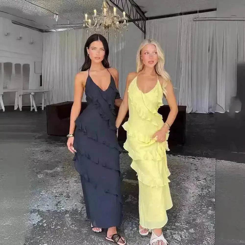 European And American Multi-layer Wooden Ear Backless Halter Party Long Dress - Velora