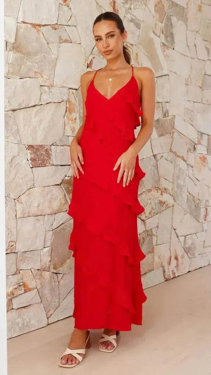 European And American Multi-layer Wooden Ear Backless Halter Party Long Dress - Velora