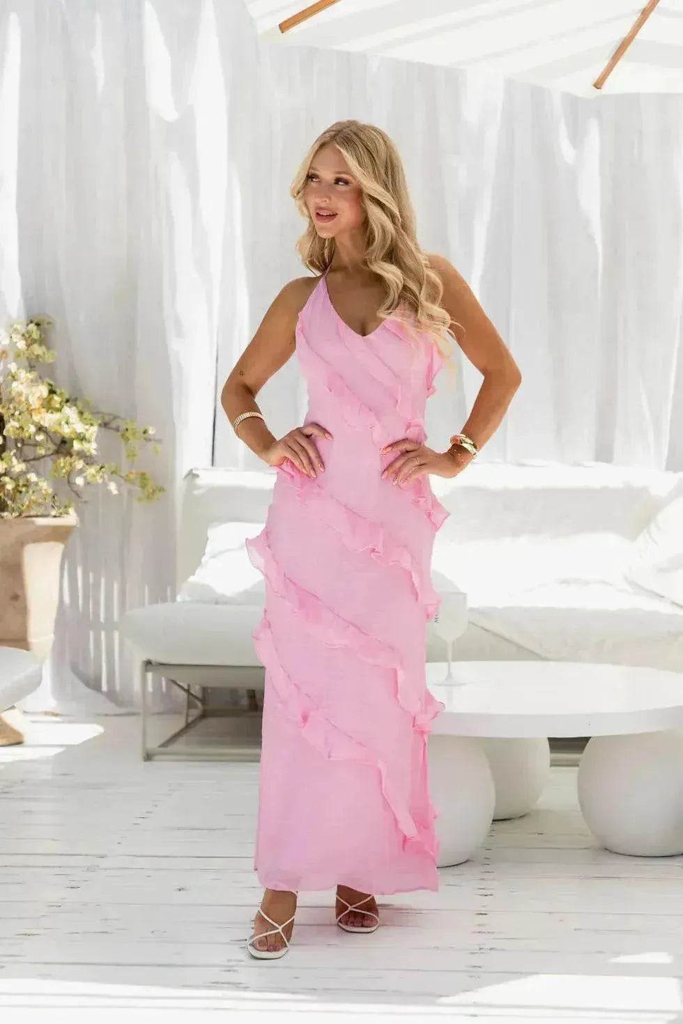 European And American Multi-layer Wooden Ear Backless Halter Party Long Dress - Velora