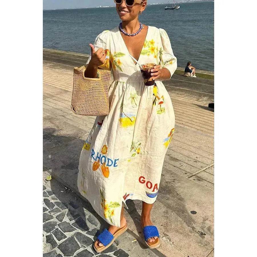 European And American Spring And Summer Casual Puff Sleeve Dress Loose Vacation Midi Dress - Velora