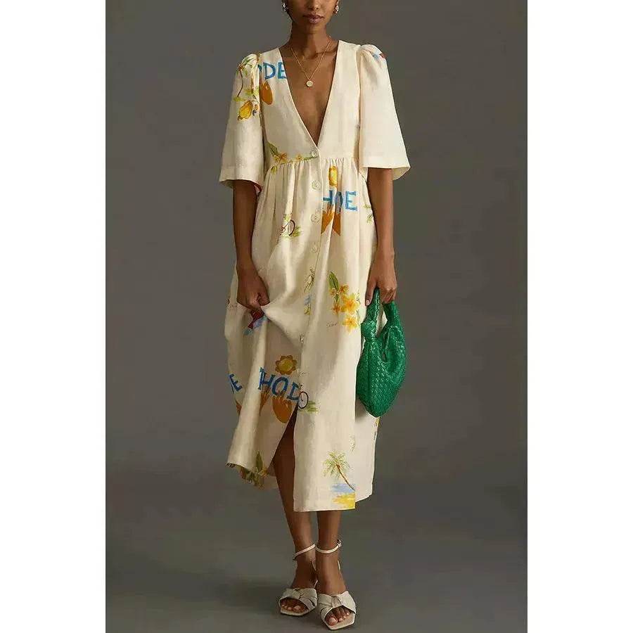 European And American Spring And Summer Casual Puff Sleeve Dress Loose Vacation Midi Dress - Velora