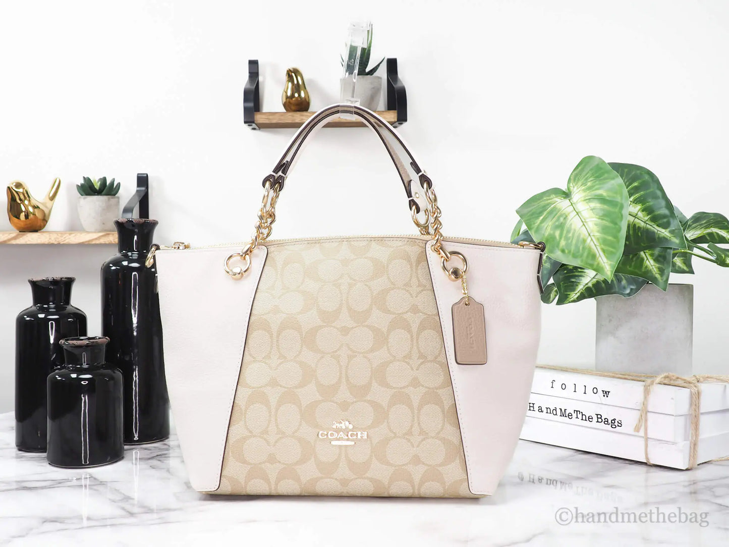Coach (C8531) Kacey Light Khaki Chalk Signature Coated Canvas Convertible Top Zip Satchel Handbag