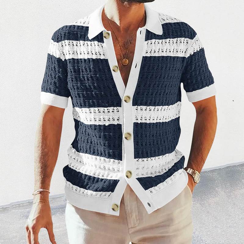 Summer Luxury Fashion New Knitted Shirt Men's Polo Neck Short Sleeve Colored Hollow Breathable Cardigan Men's Top Coat - Velora