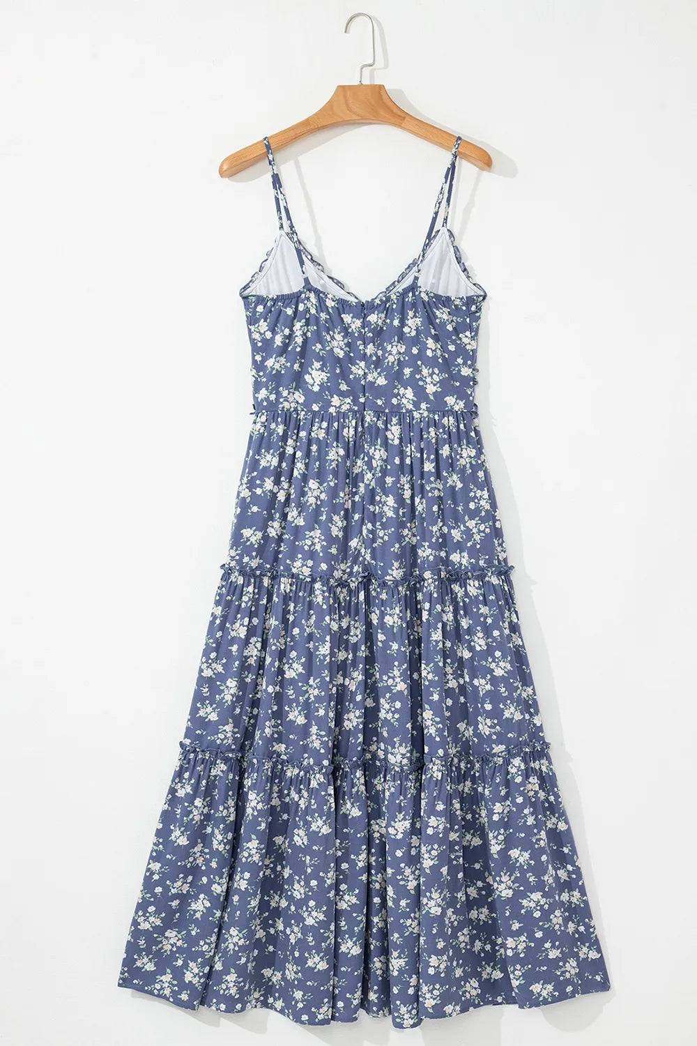 Floral Spaghetti Strap Frilled V Neck Tiered Midi Dress - Velora