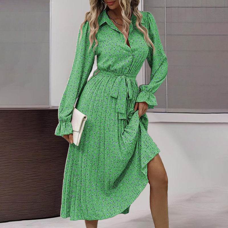 Women's Long Sleeve Midi Dress V Neck Button Down Belted A-Line Flowy - Velora