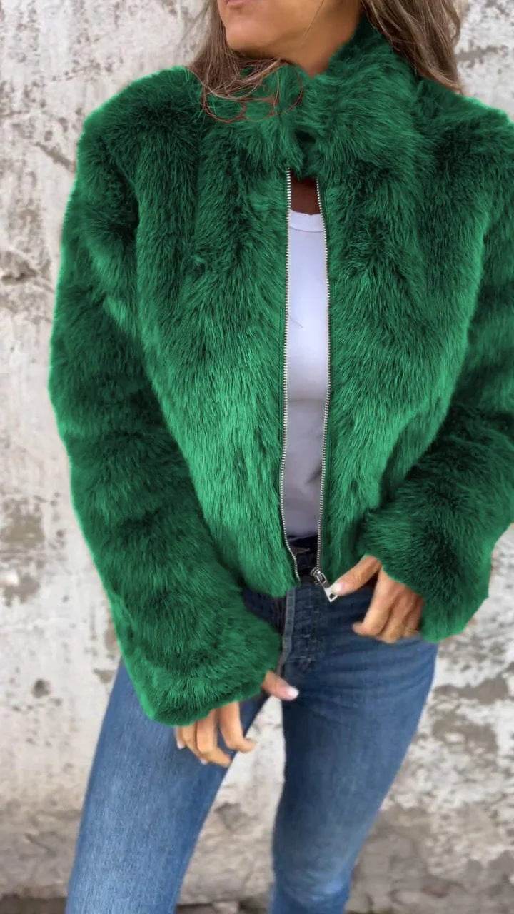 Fashion Stand Collar Plush Jacket Winter Casual Turtleneck Zipper Coat Fleece Tops Women's Clothing - Velora