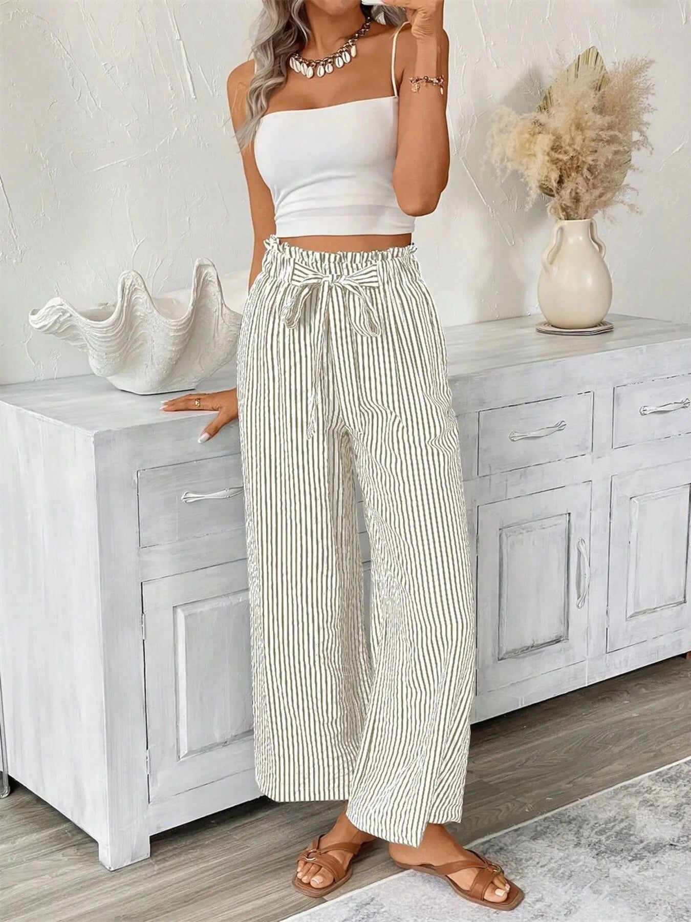Full Size Striped Wide Leg Paper Bag Pants Plus Size - Velora