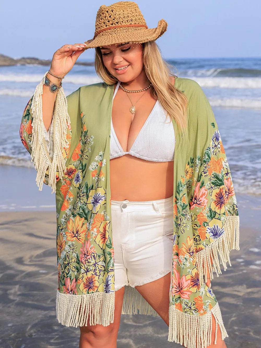 Plus Size Fringe Open Front Cover-Up - Velora