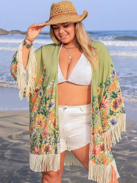 Plus Size Fringe Open Front Cover-Up - Velora