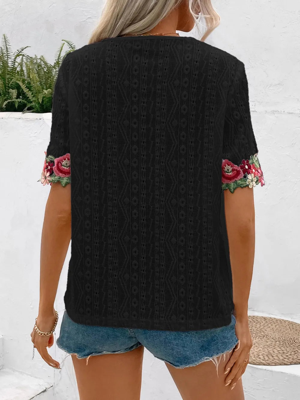 Ivy Lane Eyelet Embroidered V-Neck Short Sleeve Blouse - Velora
