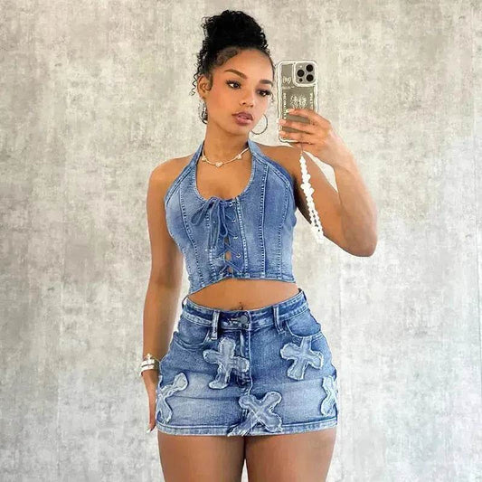 Chic Denim 2 piece Denim Skirt set Jean 2 piece set for Women Sleeveless crop top and Skirt - Velora
