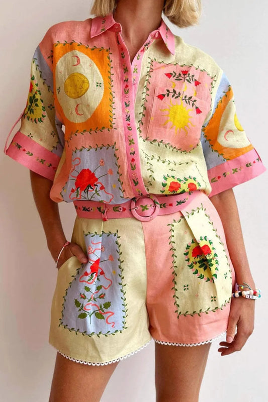 Printed Short Sleeve Shirt and Shorts Set - Velora