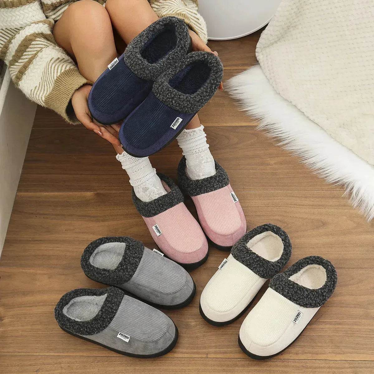 Fashion Solid Striped Cotton Slippers Winter Warm Indoor Bedroom Floor Slipper For Couples Non-slip Thick Sole House Shoes - Velora
