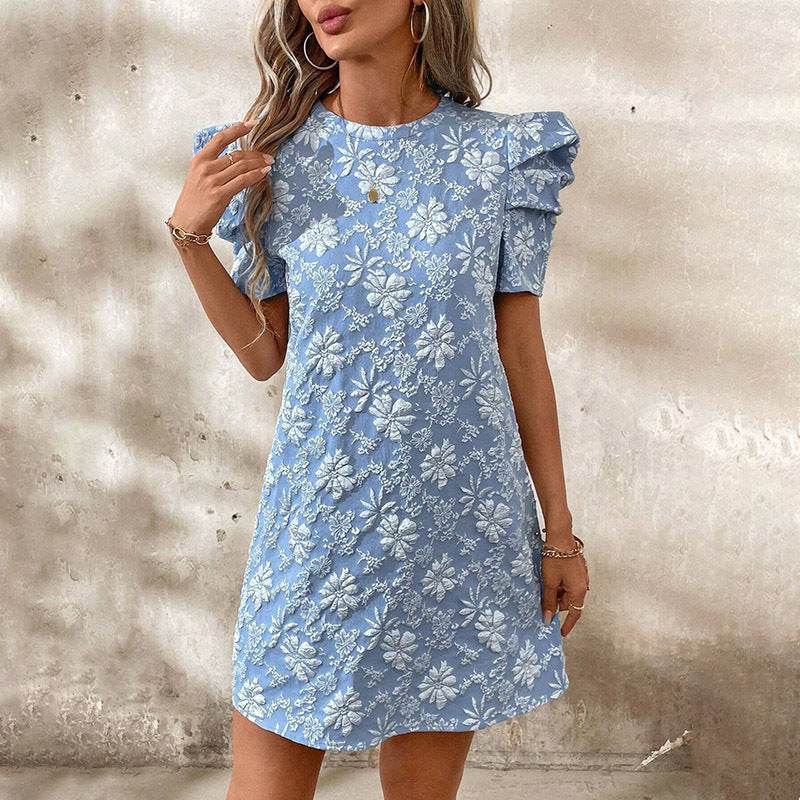 Women's Summer Mini Dress Short Sleeve Floral Jacquard Puff Sleeve Crew Neck Dress - Velora