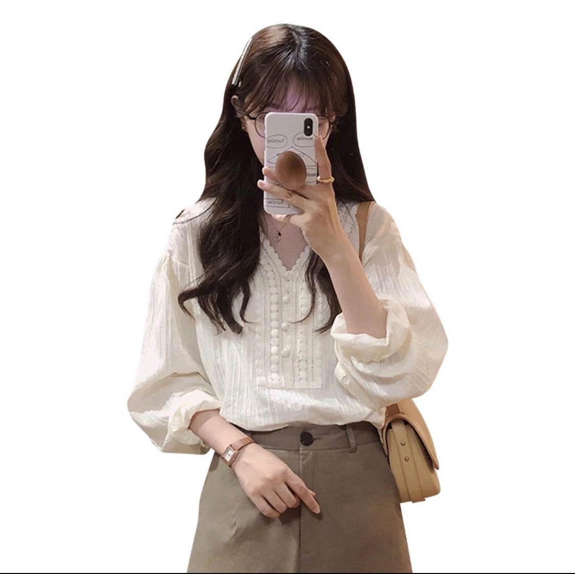 Unique Chic V-neck Long-sleeved Linen blouse top women - Velora