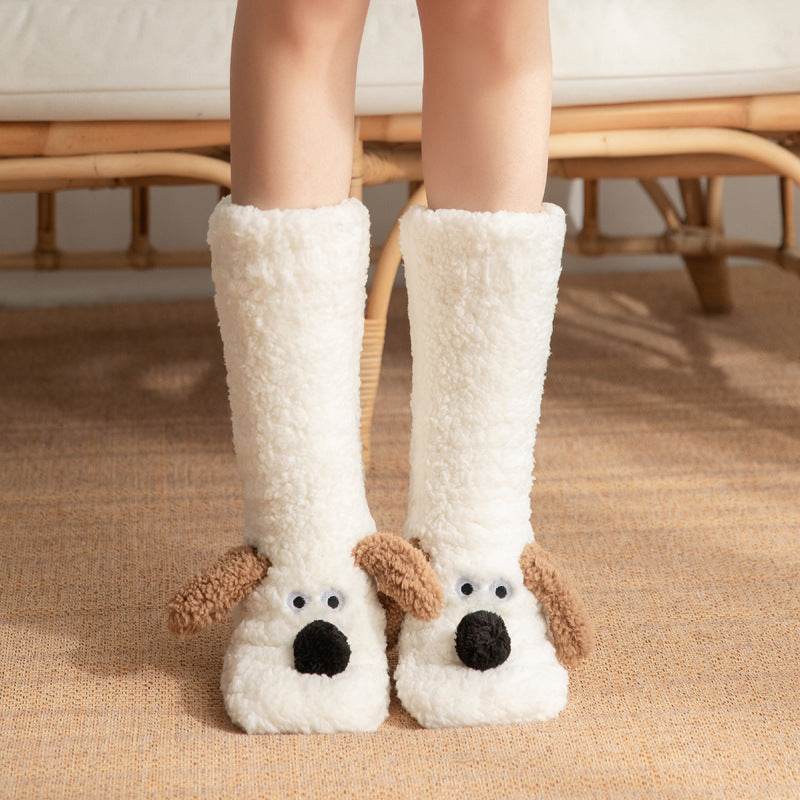 Cute Cartoon Dog Floor Socks Winter Warm Non-slip Plush Socks For Women - Velora