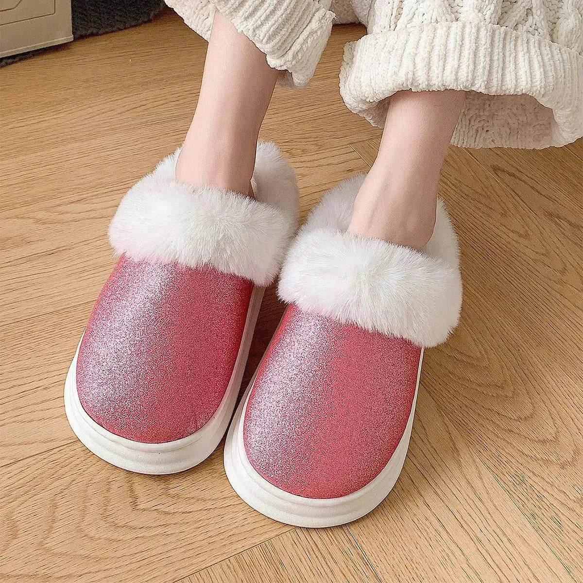 Fashion Frosted Sequined Plush Slippers Winter Warm Home Indoor Non-slip Bedroom Floor Fuzzy Slipper For Couple Women House Shoes - Velora