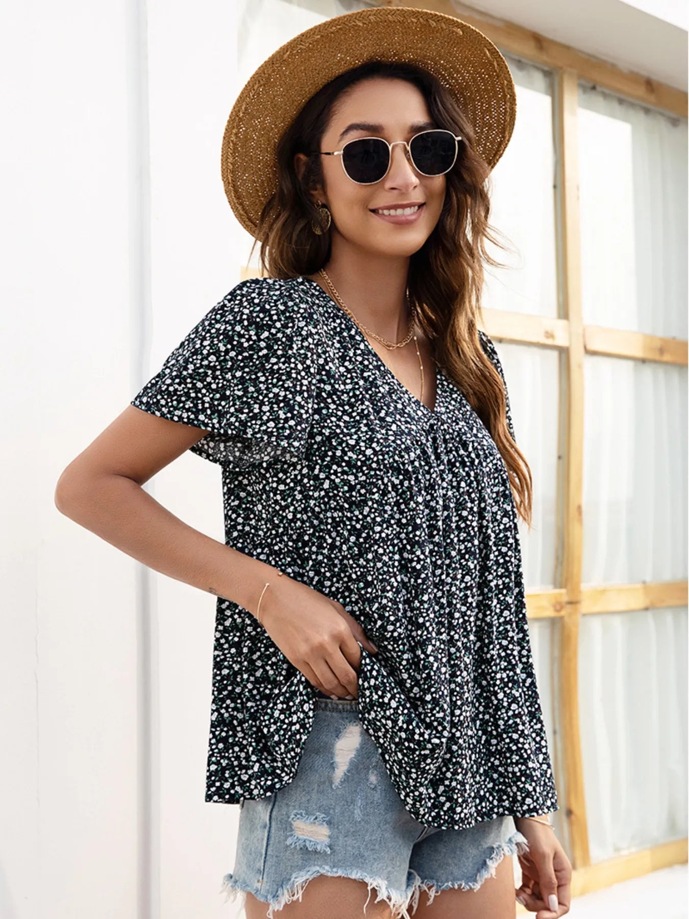 Floral Print V-neck Flutter Sleeve Babydoll Blouse - Velora