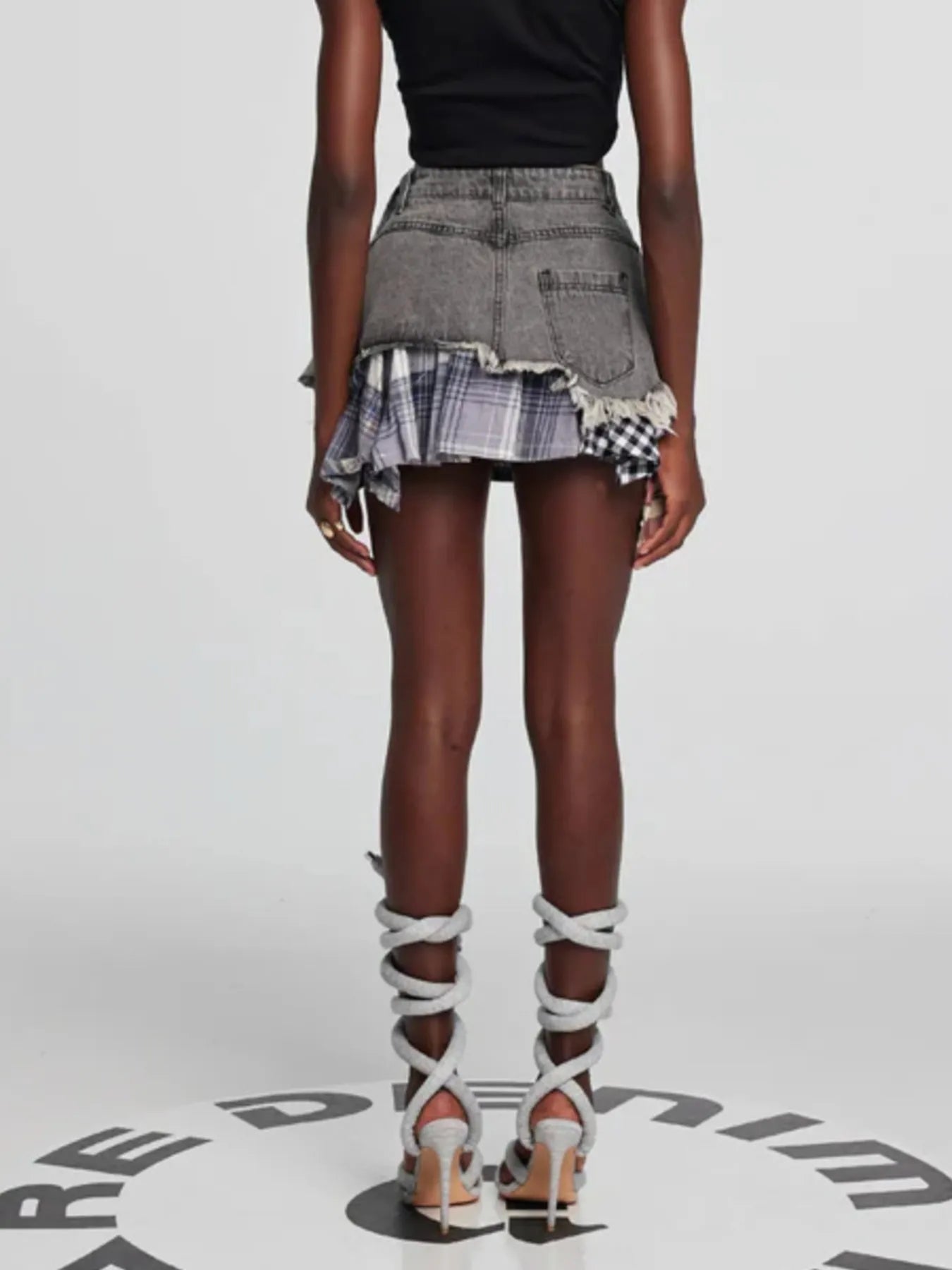 Raw Hem Denim Mini Skirt with Plaid Patch Details - Velora