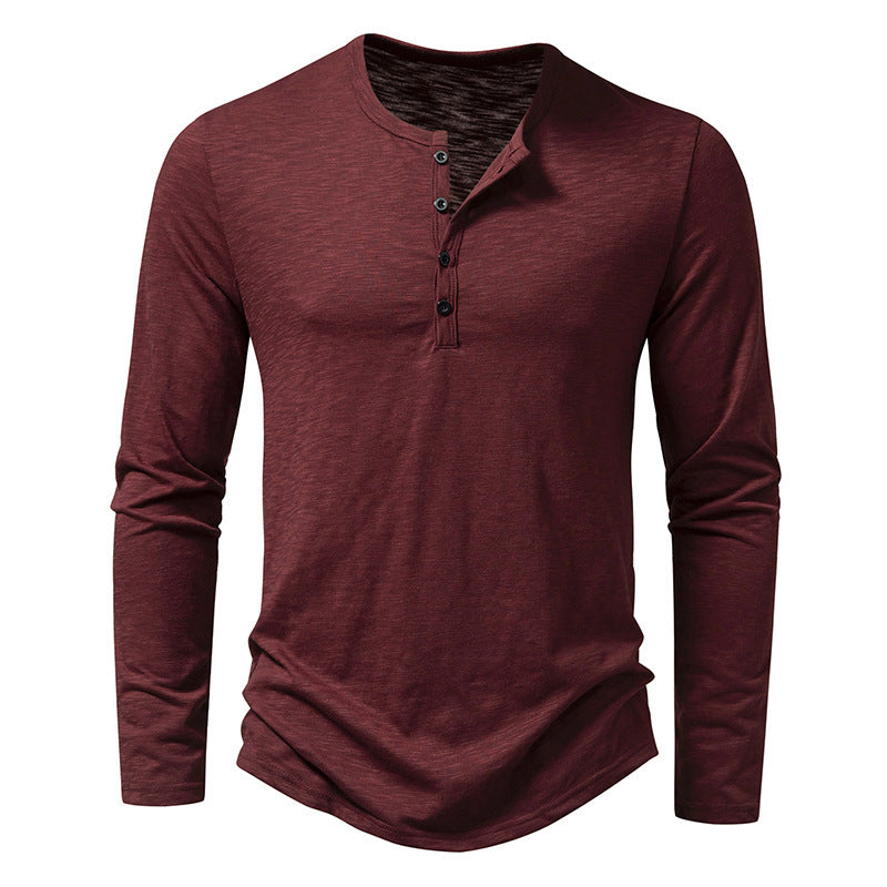 Men's Long-sleeved T-shirt Fashion Casual Solid Color Pullover Button Top Autumn And Spring Clothing Velora