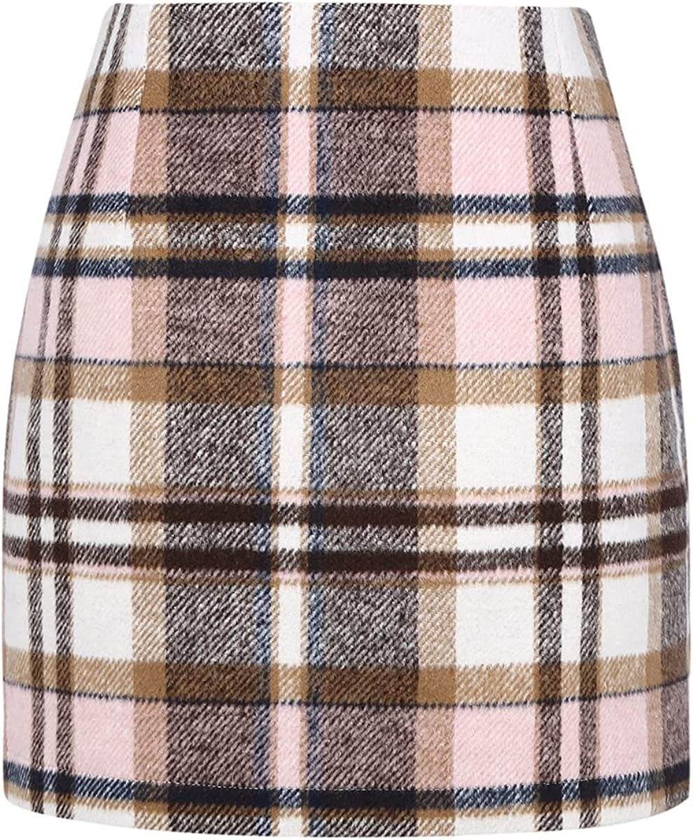 Women's High Waist Plaid Tight Pencil Wool Mini Skirt - Velora