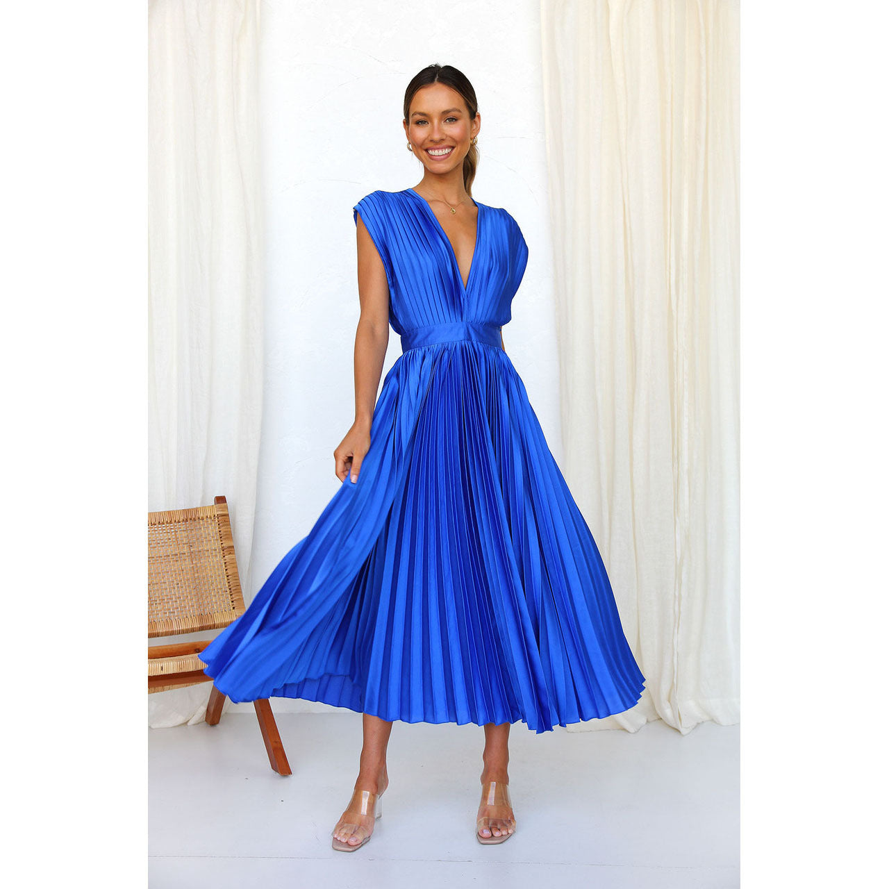 Women's V-Neck Pleated Midi Dress – Sleeveless Zip Casual Summer Dress
