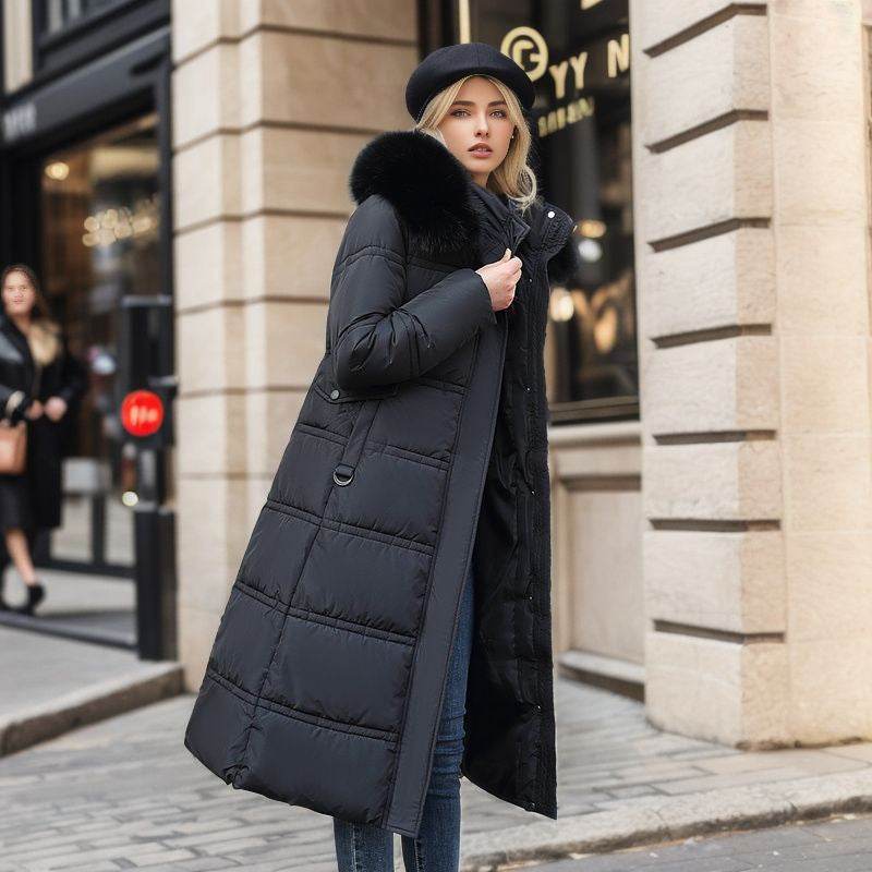 Winter Slim Long Jacket With Fur Hood And Belt Fashion Solid Hooded Coat Warm Clothing For Women - Velora