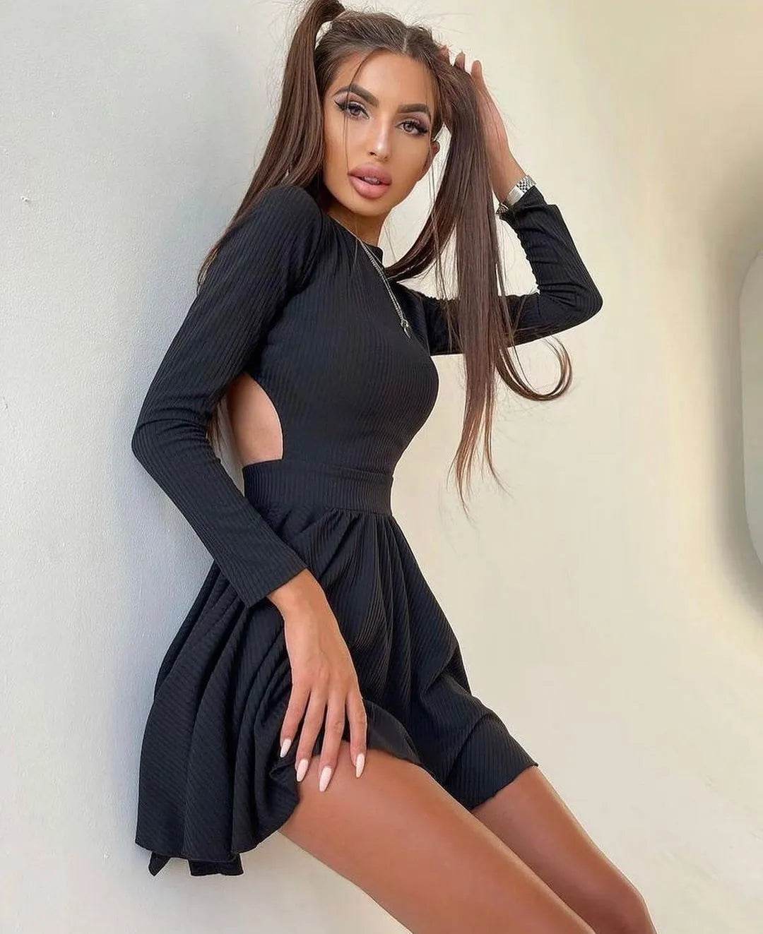 Y2K Long-sleeved Party Club Dress Solid Color Round Neck A-line Mini Skater Dress - Velora