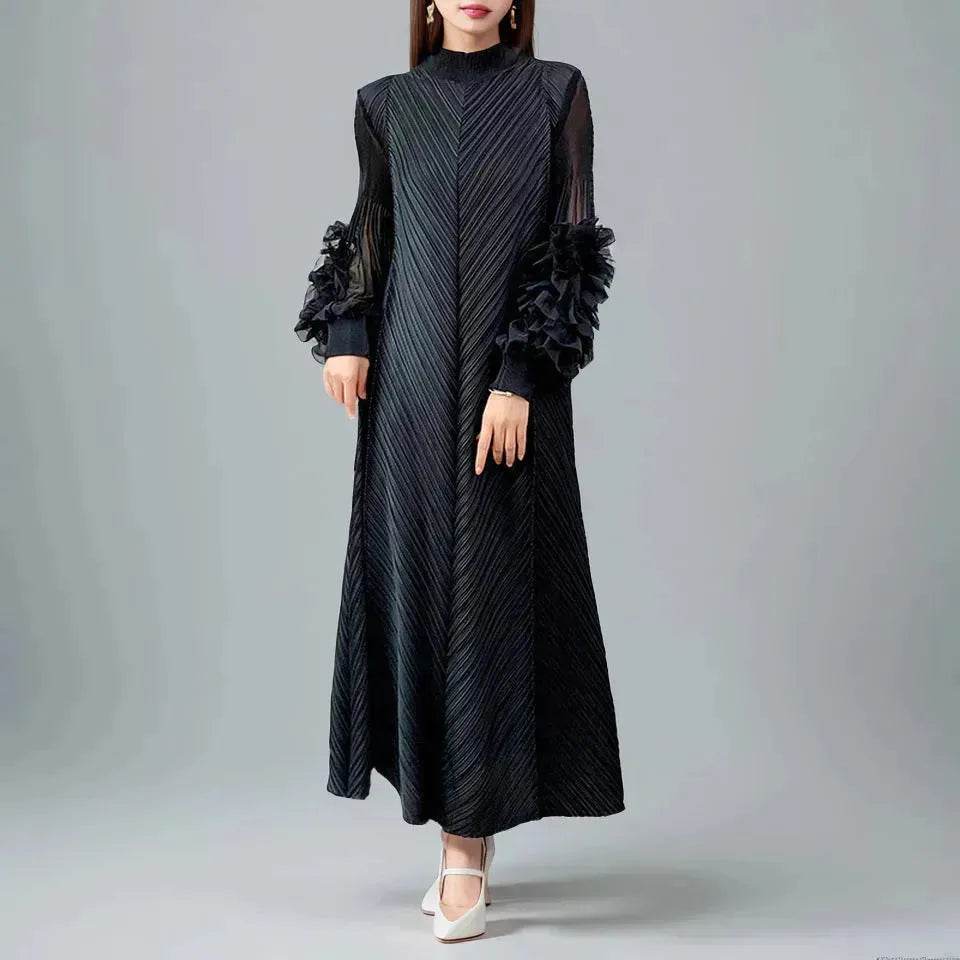 Middle East Plate Flower Loose Plus Size Pleated Extended Dress Oganza Long Sleeve Maxi Dress for Occasional events - Velora