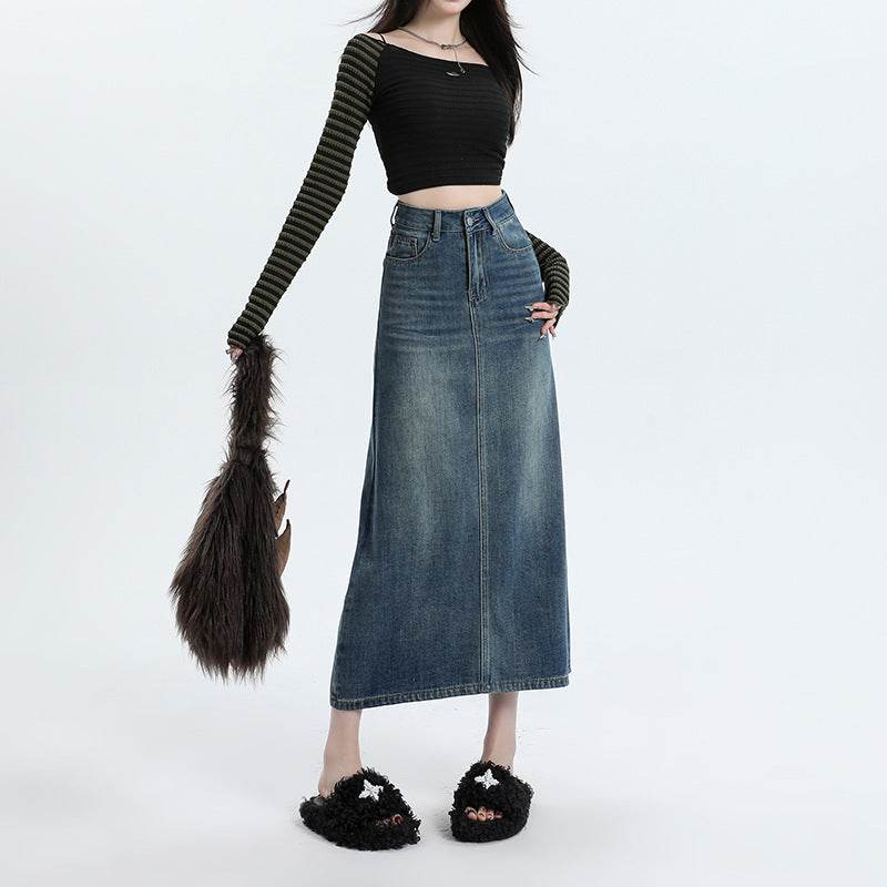 High Waisted Denim Skirt Long Cotton Solid Style - Velora