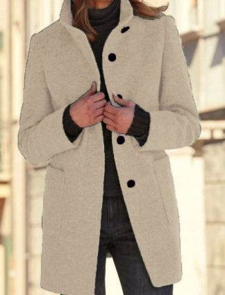 Fashion Stand Collar Woolen Coat With Pockets Fall Winter Casual Button Outwear For Women Clothing - Velora