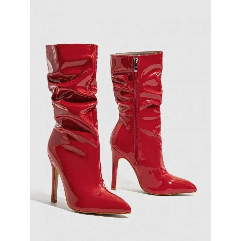 Patent Leather High Heel Pointed Stiletto Heel Pile Style Boots - Velora