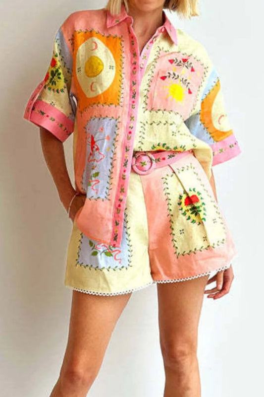 Printed Short Sleeve Shirt and Shorts Set - Velora
