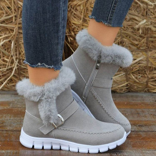 New Snow Boots Winter Warm Thickened Solid Color Plush Ankle Boots With Buckle Design Plus Velvet Flat Shoes For Women - Velora