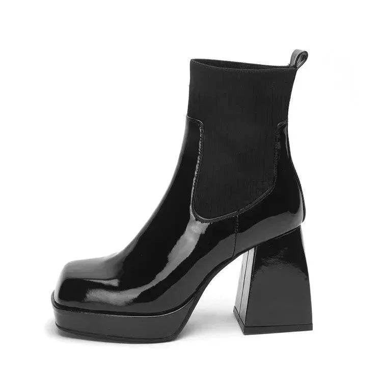 Buy Women Platform Block heel Patent leather boot Woolen winter boot - Velora