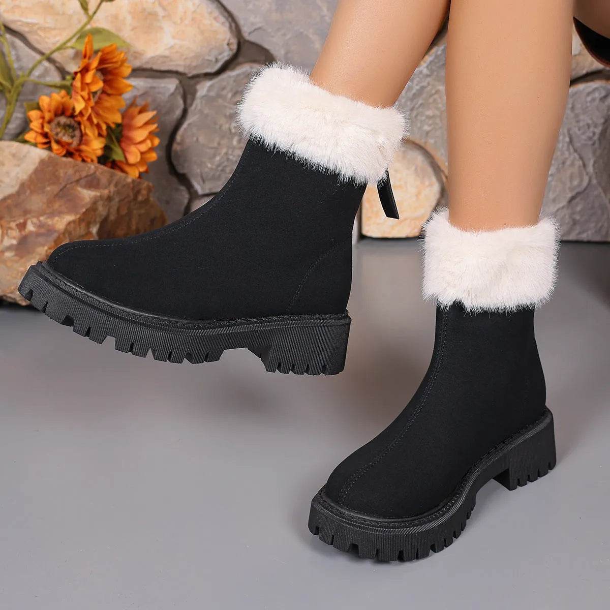 Square-heeled Snow Boots Winter Plus Velvet Platform Plush Shoes Fashion Warm Non-slip Mid-calf Boot For Women - Velora