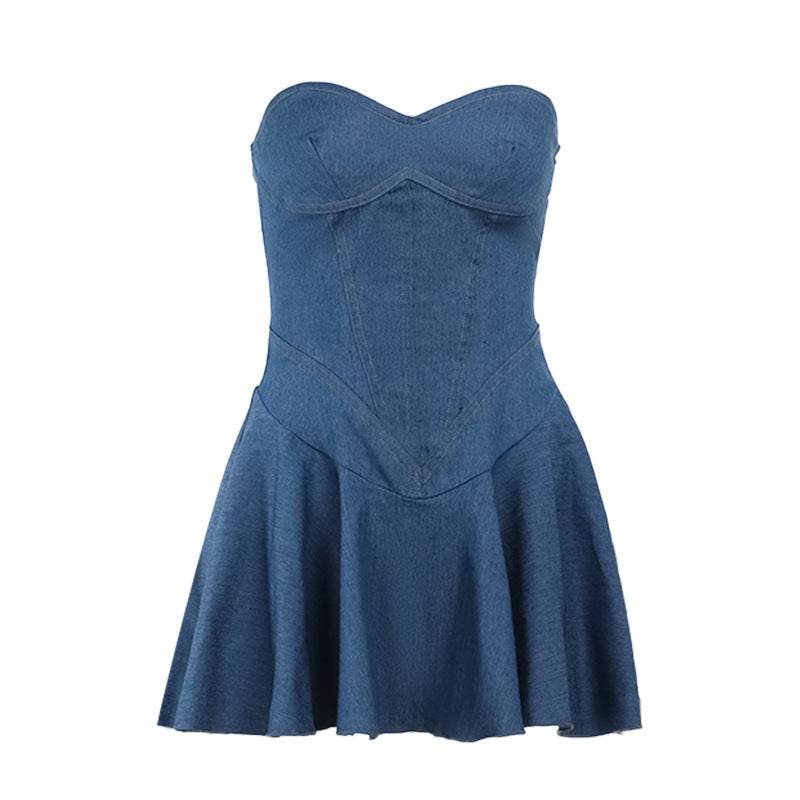 Fashion Tube Top Denim short mini Dress for Club - Velora