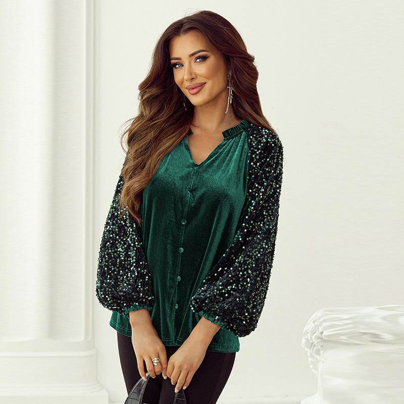 Elegant Fashion Sequined Long sleeve Suede V-neck Blouse top women - Velora