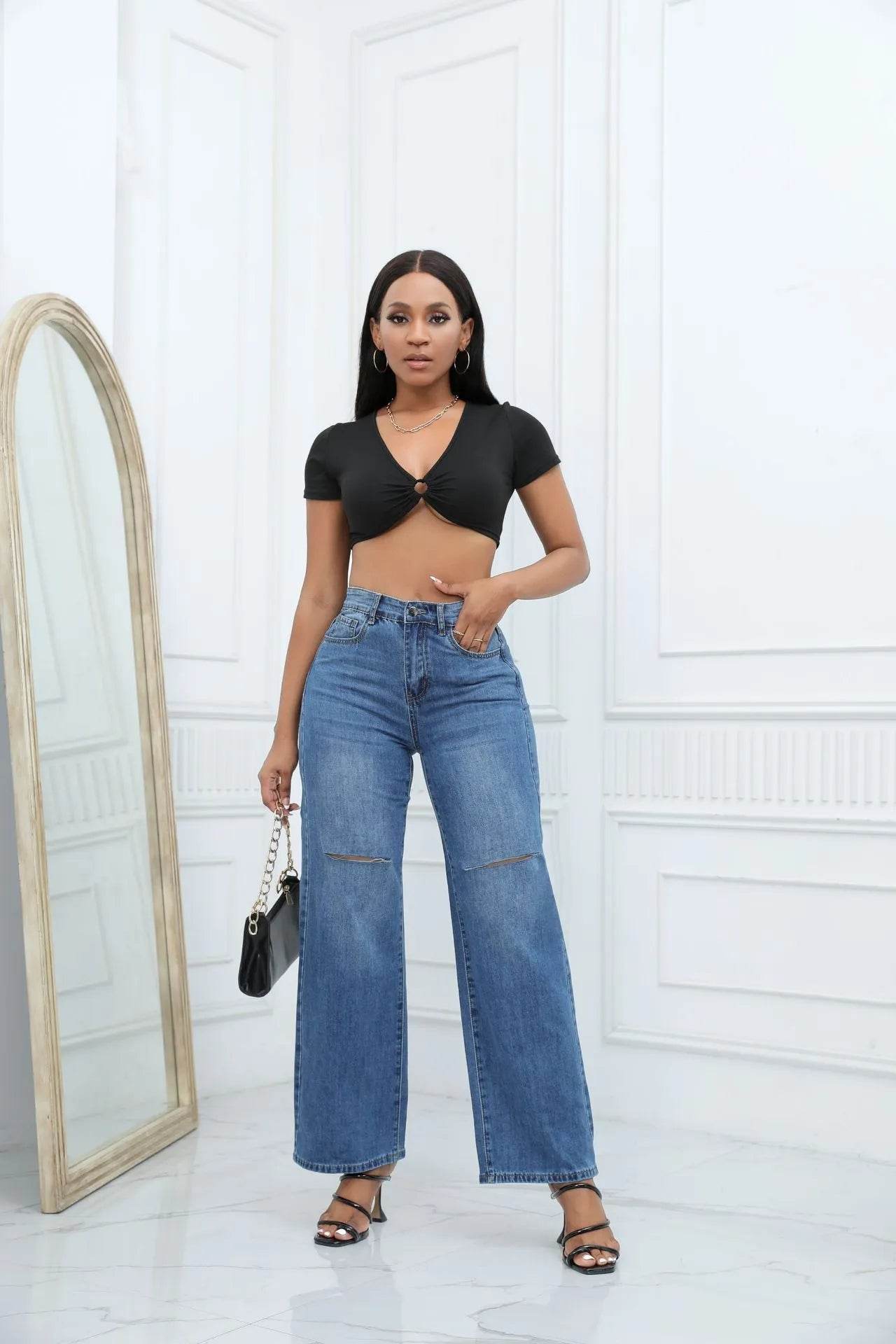 Elegant Ripped Wide-leg Baggy Jeans Pant Women - Velora