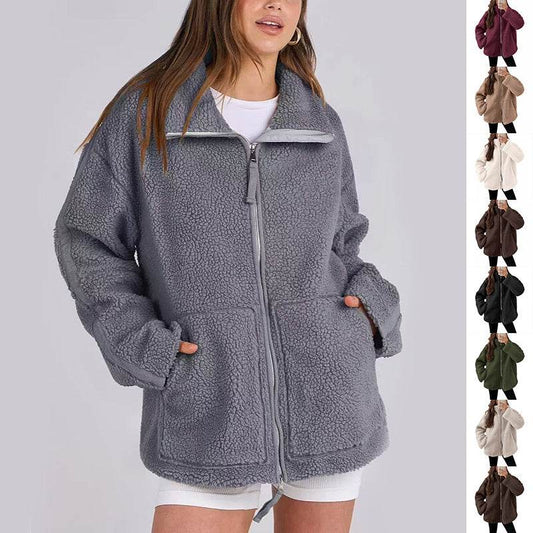Winter Lapel Zip-up Coat With Pockets Casual Fashion Solid Fleece Jacket Fall Spring Long Sleeve Women's Clothing - Velora