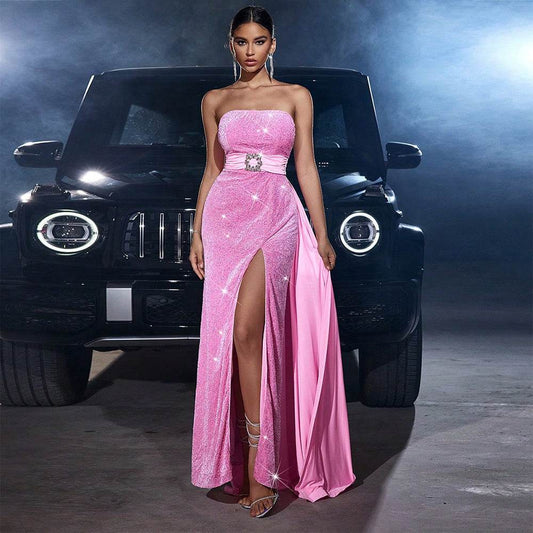 Strapless Sequined Cinched Waist Slim-fit Tube Top Banquet Pink formal Dress - Velora